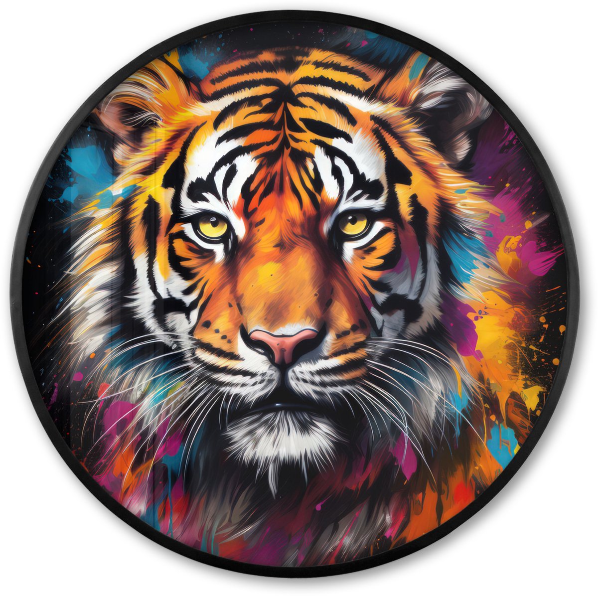 FrameYourWall Poster in lijst Rond - Fotolijst 60x60 cm - Posters - Tijger - Graffiti - Dieren - Zwart - Ronde posterlijst zwart - Decoratie - Wanddecoratie woonkamer - Muurdecoratie slaapkamer Multi