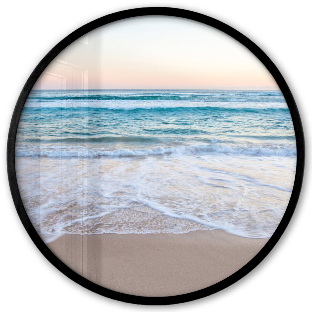 FrameYourWall Poster in lijst Rond - Fotolijst 40x40 cm - Posters - Strand - Zee - Pastel - Ronde posterlijst zwart - Decoratie - Wanddecoratie woonkamer - Muurdecoratie slaapkamer Multicolor