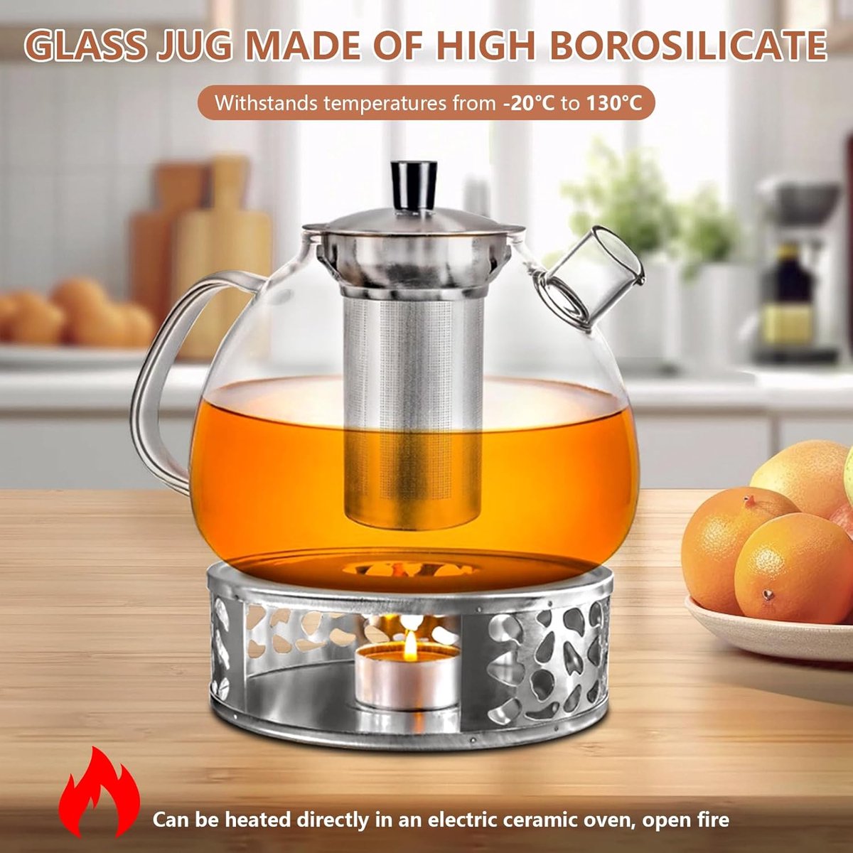 Stijlvolle glazen theepot van 1500 ml met filter en warmhouder voor losse thee, fruitinfusies en geurige theesoorten — cadeau in Kookcadeaus - foto 7