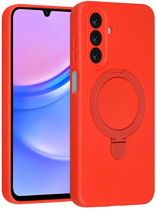 Coque de téléphone orange avec triple objectif de caméra et un support annulaire à l'arrière.