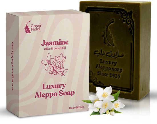 GREEN FADEL (Luxe) Savon Aleppo Original à Aroma de Jasmin , 1 pièce, Savon Aleppo à l'huile d'olive et à l'huile de laurier, Savon à l'huile d'olive, Savon naturel, Savon Aleppo de luxe, pour visage et corps