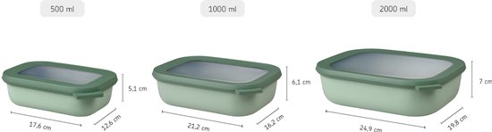 Trois boîtes de conservation vert pâle avec couvercles transparents, tailles 500ml, 1000ml, 2000ml.