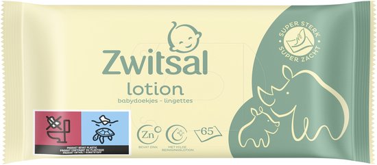 Zwitsal lotion babydoekjes, met neushoorn met jong, 'Super sterk, super zacht'.