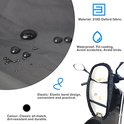 Grijze hoes met waterdruppels, elastische band, PU-coating en 210D Oxford materiaal. Toont bescherming tegen water en krassen.