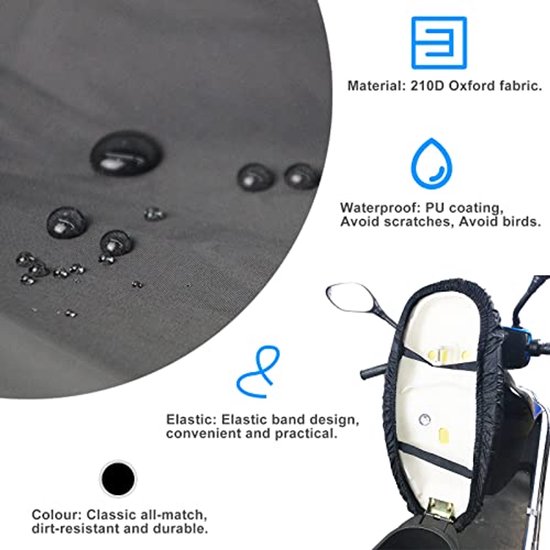 Grijze hoes met waterdruppels, elastische band, PU-coating en 210D Oxford materiaal. Toont bescherming tegen water en krassen.