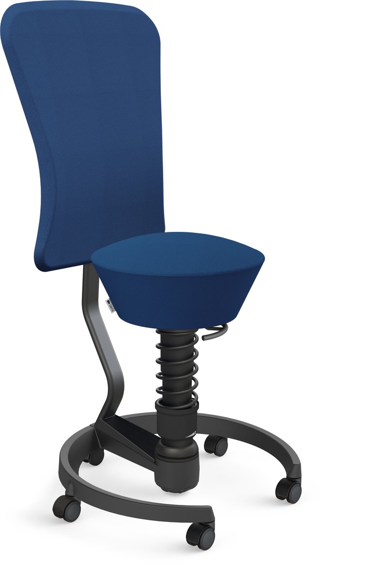 Aeris Swopper with backrest footring with castors (hard floor), black spring strut type: standard, black, spring black seat cover: wool blend Select (Gabriel), blue backrest pole: black, backrest cover: wool blend Select (Gabriel), blue