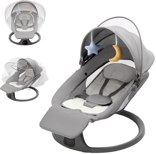 Elovia Elektrische Wipstoel - Muziek en Swing Opties - 5 Punts Gordel - Babyschommel- Schommelstoel - Baby Swing- Grijs- Incl dinnerbord-Extra groot, Tot 15KG