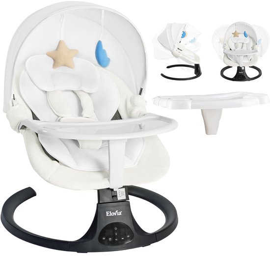 Elovia Elektrische Wipstoel - Muziek en Swing Opties - 5 Punts Gordel - Wit- Babyschommel- Schommelstoel - Beren kussen- Baby Swing Incl Eetbord