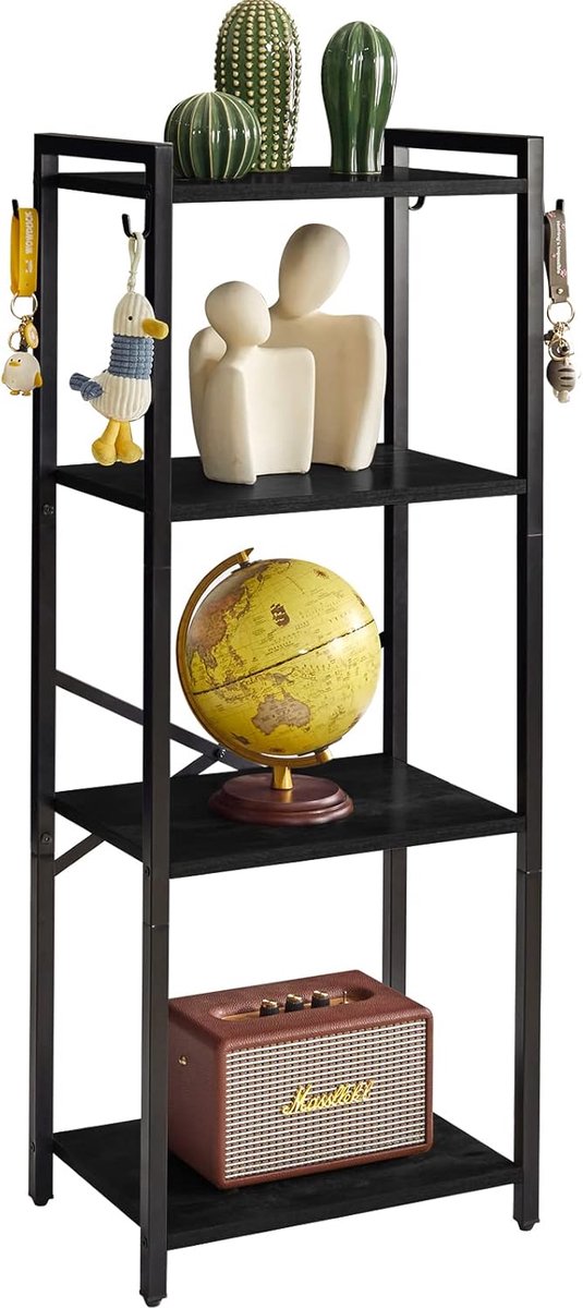 Boekenkast, 4 verdiepingen opbergrek, plantenrek, opbergrek met stalen frame, voor woonkamer, kantoor, werkkamer, hal, industriële stijl, zwart