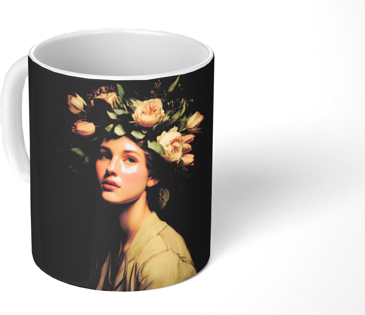 Mok - Koffiemok - Bloemenstilte - Vrouw - Portret - Mokken - 350 ML - Beker - Koffiemokken - Theemok
