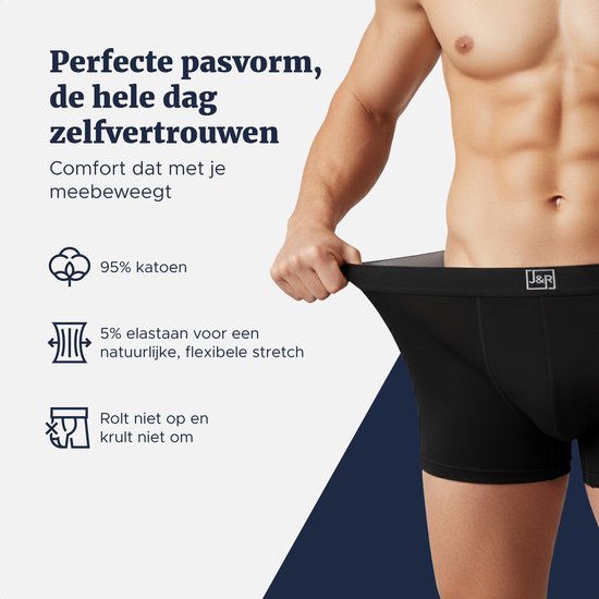 Man in zwarte boxershorts, die de elastische tailleband toont. Tekst over materiaal en pasvorm.