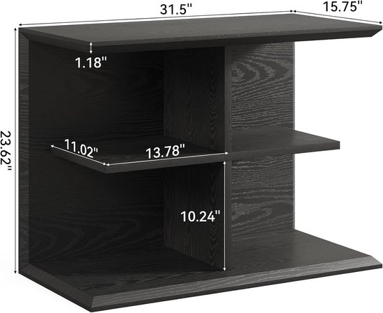 Afmetingen van een zwarte, C-vormige bijzettafel met drie niveaus en vier open vakken.
