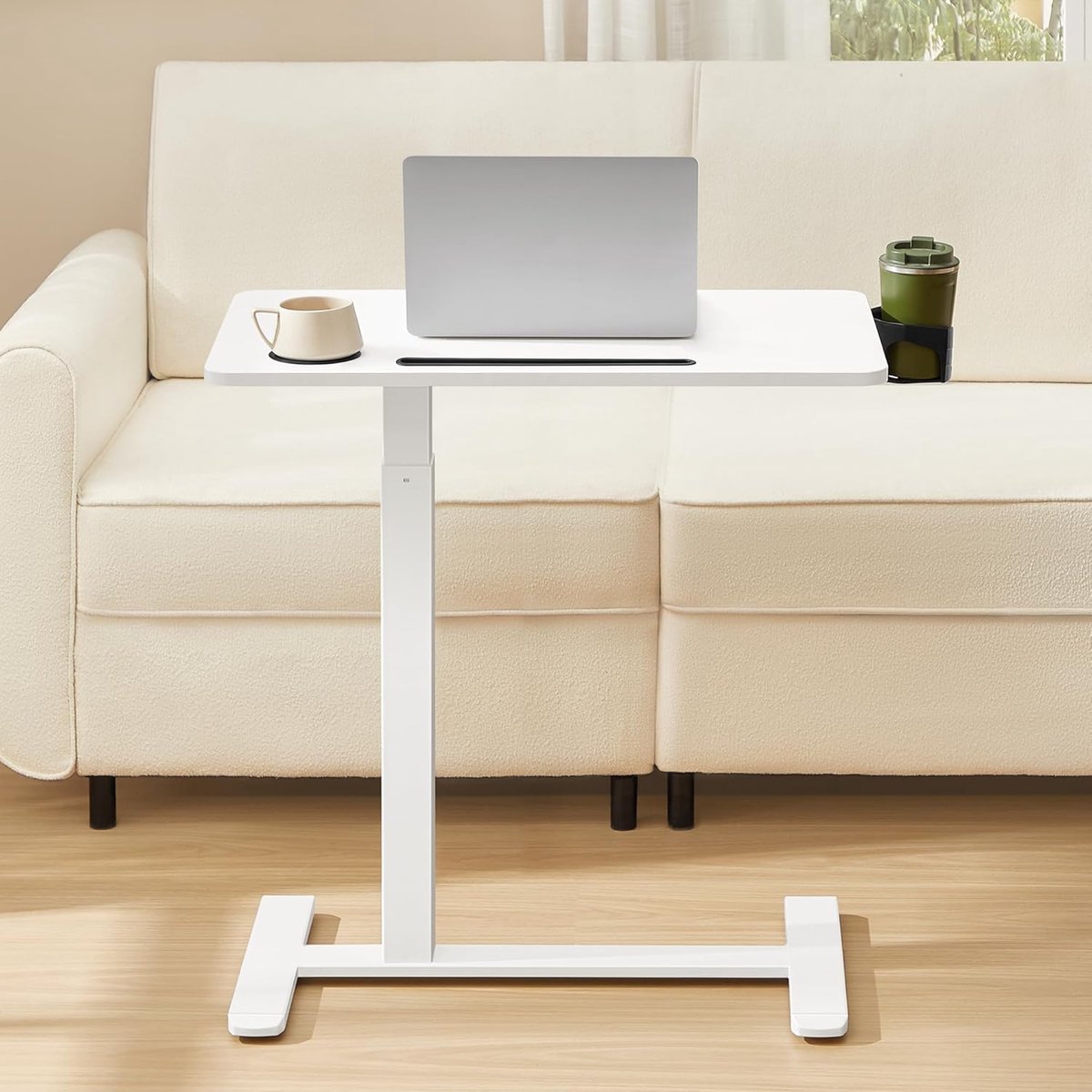 Vasagle Bijzettafel met wieltjes - computertafel - laptoptafel met wieltjes - hoogte verstelbaar - tafelblad 70 x 40 cm - bekerhouder - wit - LSD600W01
