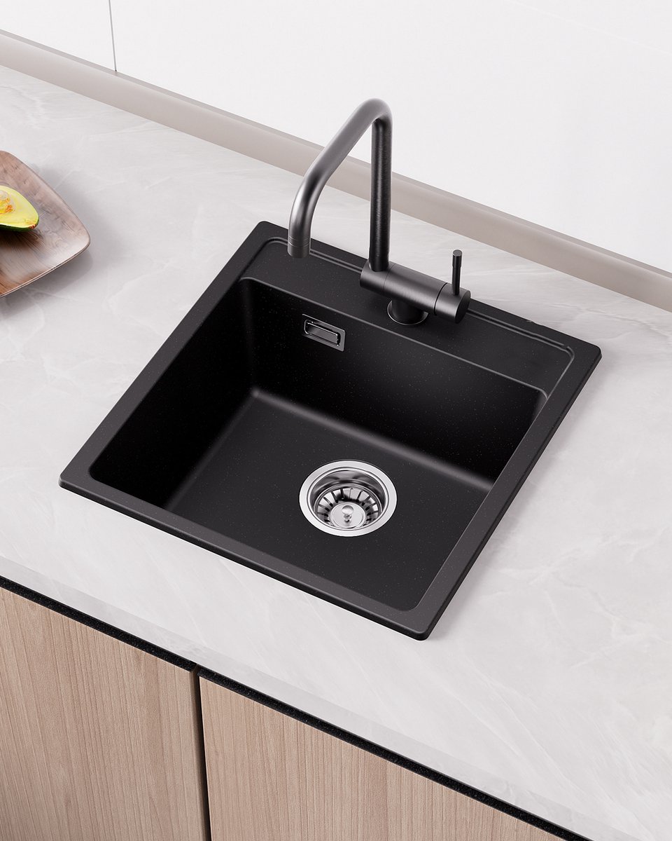 ANYCEE MAX Granieten Spoelbak voor keuken 45x46cm - Enkele Spoelbakken Graniet - Onderbouw Spoelbak Antraciet - Met waterafvoersysteem - Voor 45 cm Kast