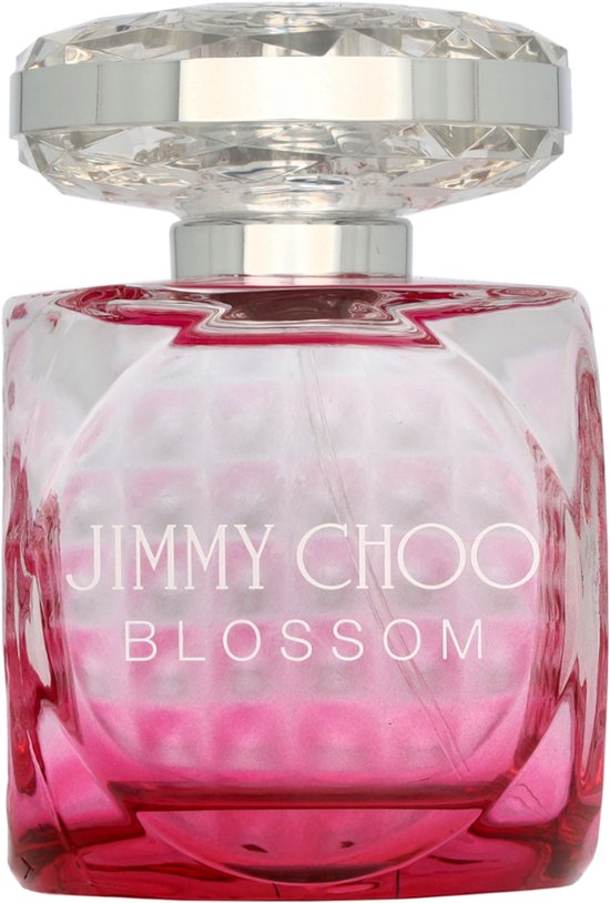 Glazen fles Jimmy Choo Blossom, roze en transparant met facetdop.