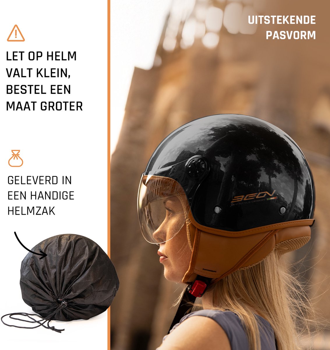 BEON Design Luxe Scooterhelm - Zwart - L - Jethelm met Vizier - Motorhelm - Geschikt voor Vespa, Scooter, Brommer, Motor en Snorfiets – foto 2