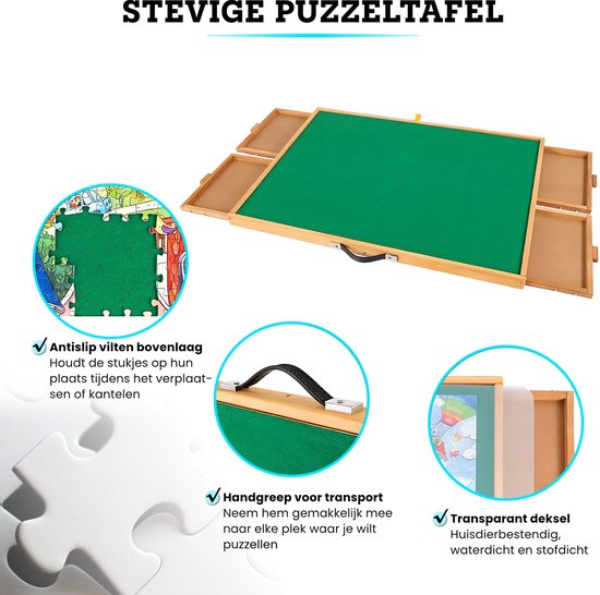 Houten puzzelbord met uitklapbare lades, handgreep voor transport, transparante deksel.