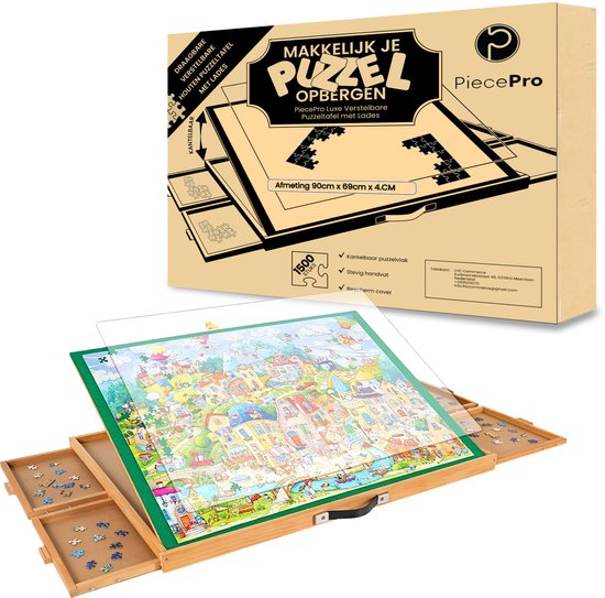 Houten puzzelbord met vier lades, een transparante deksel en een grote puzzel van 1500 stukjes.