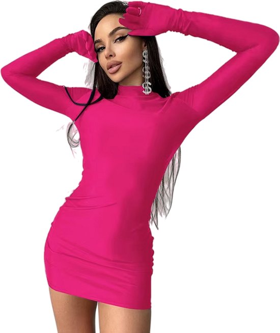 Robe rose sexy à manches longues - Gants - Rok courte - Body - Femme