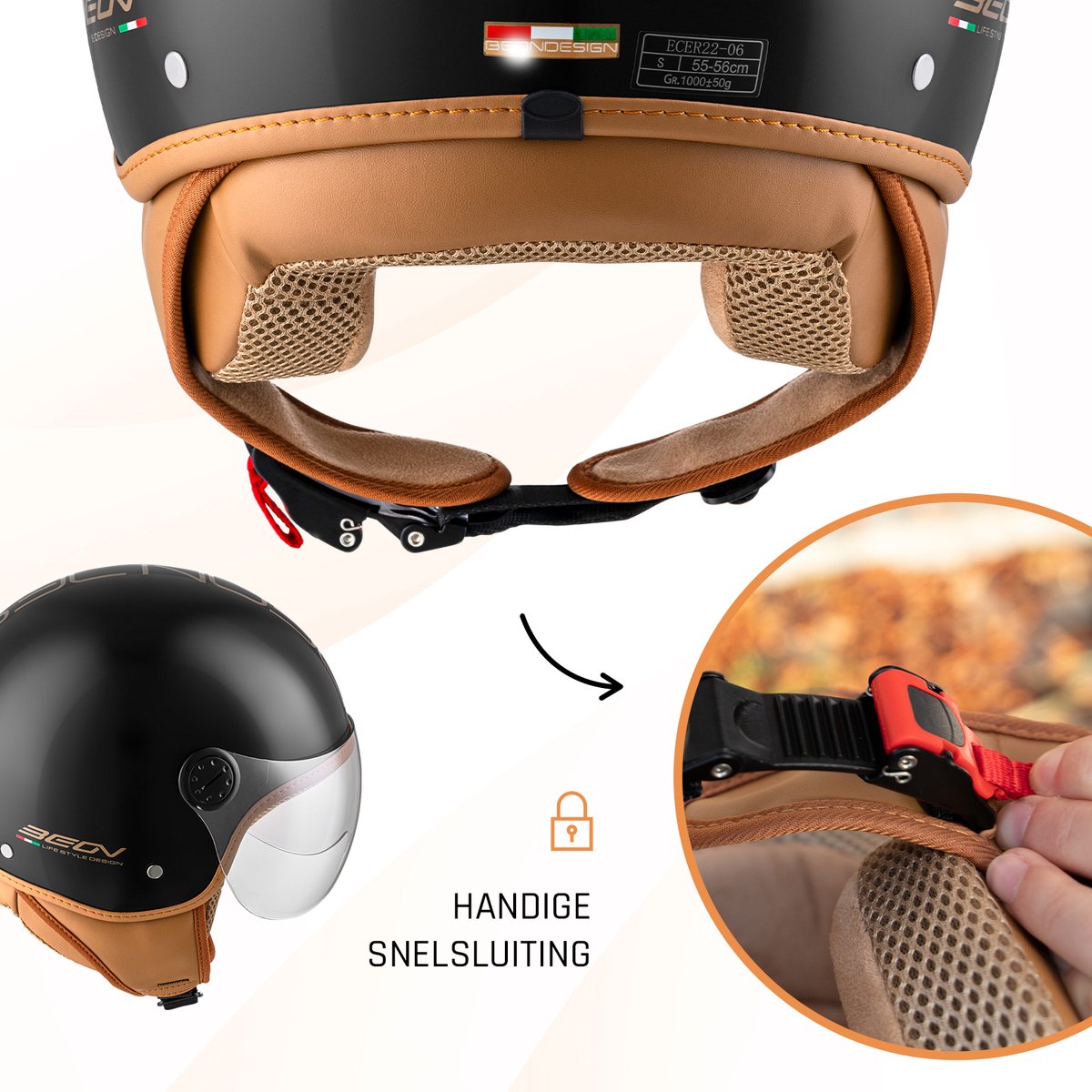 BEON Design Luxe Scooterhelm - Mat Zwart - L - Jethelm met Vizier - Motorhelm - Geschikt voor Vespa, Scooter, Brommer, Motor en Snorfiets – foto 4