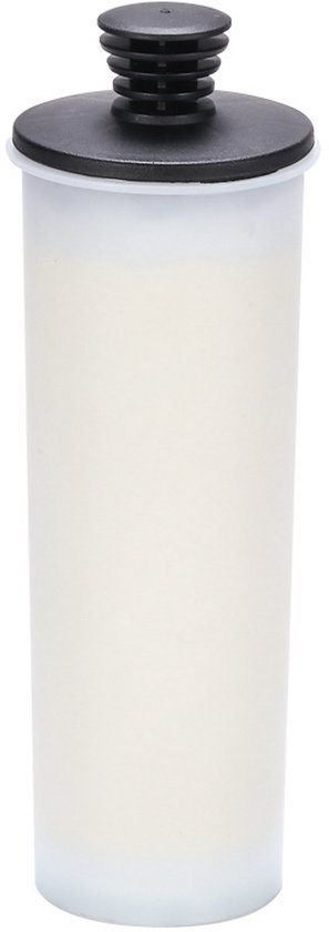 Un filtre détartrant long et rond avec un boîtier blanc translucide et un capuchon noir.
