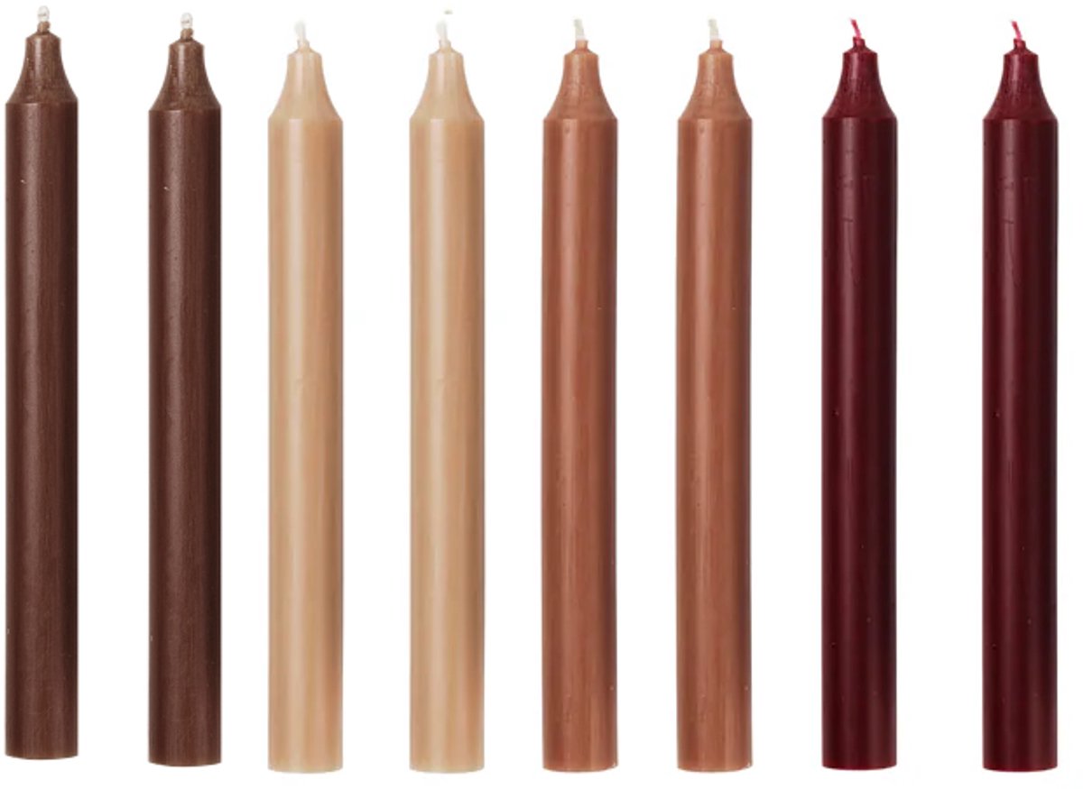 Broste Copenhagen hoge kwaliteits 4 kleuren Herfst bruin dinerkaarsen 100% Oekö-tex katoenen lont, RAL gecertificeerde paraffine Ø 2,1 x 20 cm 12 stuks