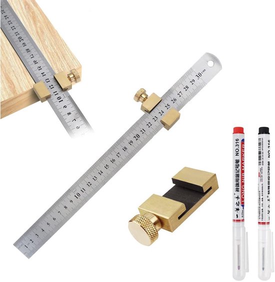 Stainless steel stop ruler - brass positioning block - 30 cm - lineaire ...