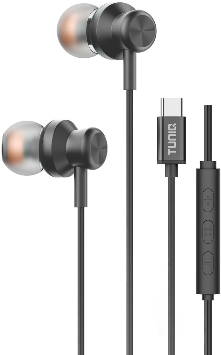 TUNIQ Bedrade Oortjes USB-C - Zwarte Oordopjes met Microfoon - Helder Geluid, Diepe Bas en Comfortabele Pasvorm – Geschikt voor Samsung, Xiaomi, OnePlus en meer