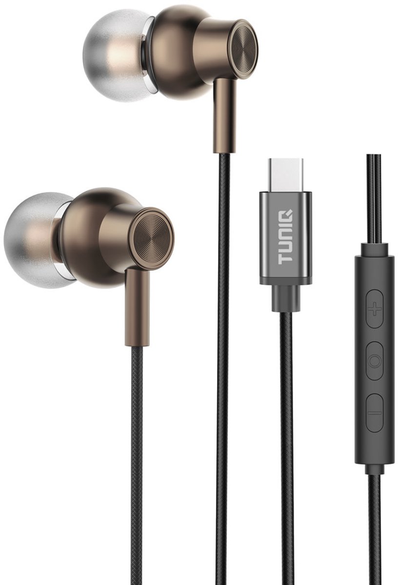 TUNIQ Bronze Bedrade Oortjes USB-C – Aluminium Oordopjes met Microfoon - Krachtige Bas, Helder Geluid en Comfortabele Pasvorm - Geschikt voor Samsung, iPhone 16 en hoger, Xiaomi, OnePlus en meer