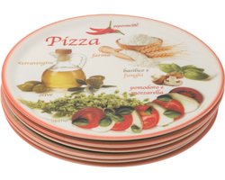 Set van 6 Grote Pizzaborden Ø 33 cm – Porselein – Italiaanse Print met Rode Rand – Voor de Ultieme Pizza-Avond