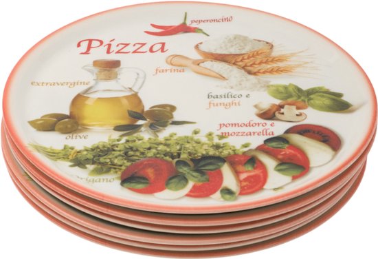 Set van 6 Grote Pizzaborden Ø 33 cm – Porselein – Italiaanse Print met Rode Rand – Voor de Ultieme Pizza-Avond