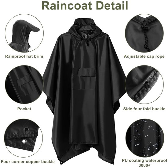 Details van de zwarte regenponcho: capuchon, touwtje, vak, gespen, waterdicht.