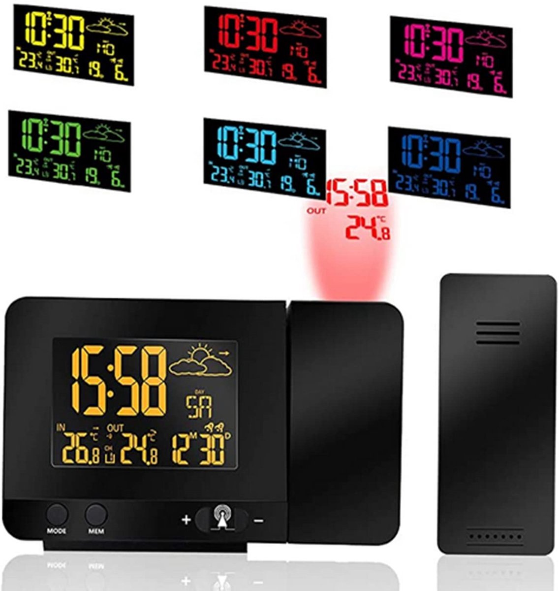 Digitale Projectie Wekker – Met Weerstation, Binnen- & Buitentemperatuur, Datumweergave, 12/24H Tijd, Sluimerfunctie, USB Oplaadpoort en 8 Schakelbare Achtergrondkleuren