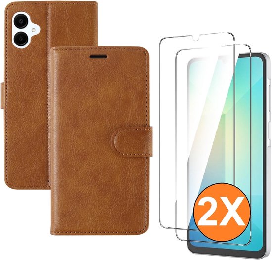 Hoesje geschikt voor Samsung Galaxy A07 hoesje Bruin pasjeshouder telefoon hoes - Met screenprotector tempered glass voor Galaxy A07 4G / 5G - 2x