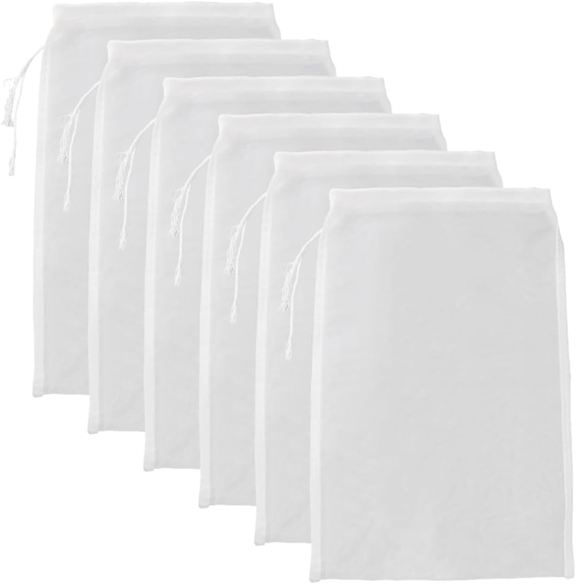 6 stuks Herbruikbare Kaasdoek en Notenmelkzakken – 20x30 cm Passierdoek met Trekkoord, Wasbaar Nootmelk Zakje voor Kaas, Koffie, Yoghurt, Sap en Meer