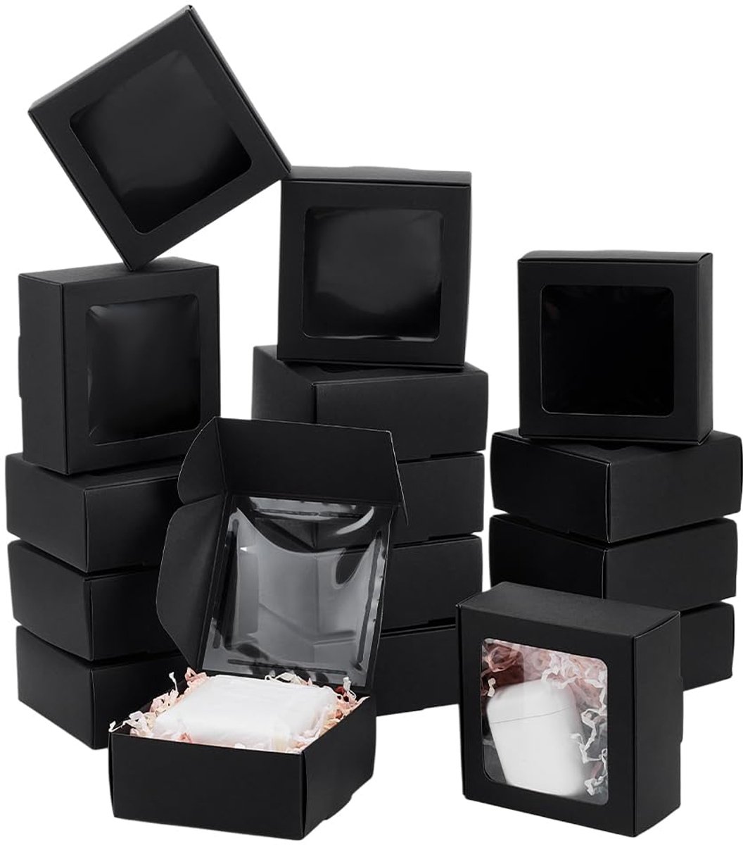 Vierkante Zwarte Papieren Dozen 30 Stuks - Met Doorzichtig PVC-Venster - 9,1 x 9,1 x 4 cm