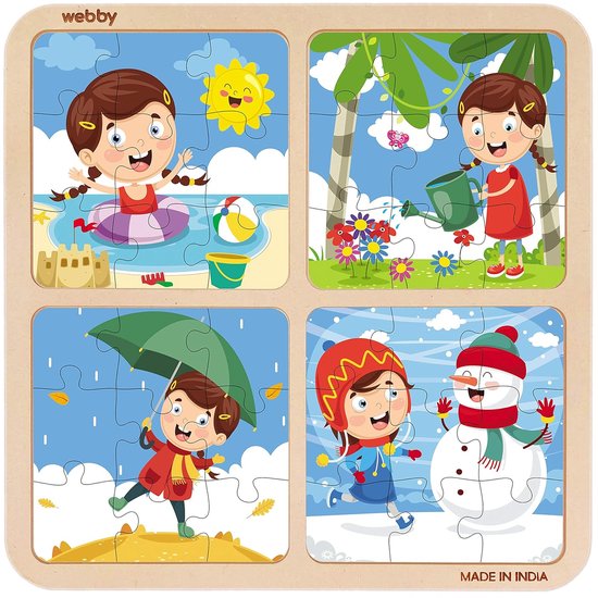 Puzzle en bois Webby Bébé 4 en 1 Météo et Saisons | 36 pièces | Puzzle éducatif pour Enfants à partir de 2 ans | Améliore la mémoire, la pensée créative et la reconnaissance des couleurs | Sûr et respectueux de l'environnement