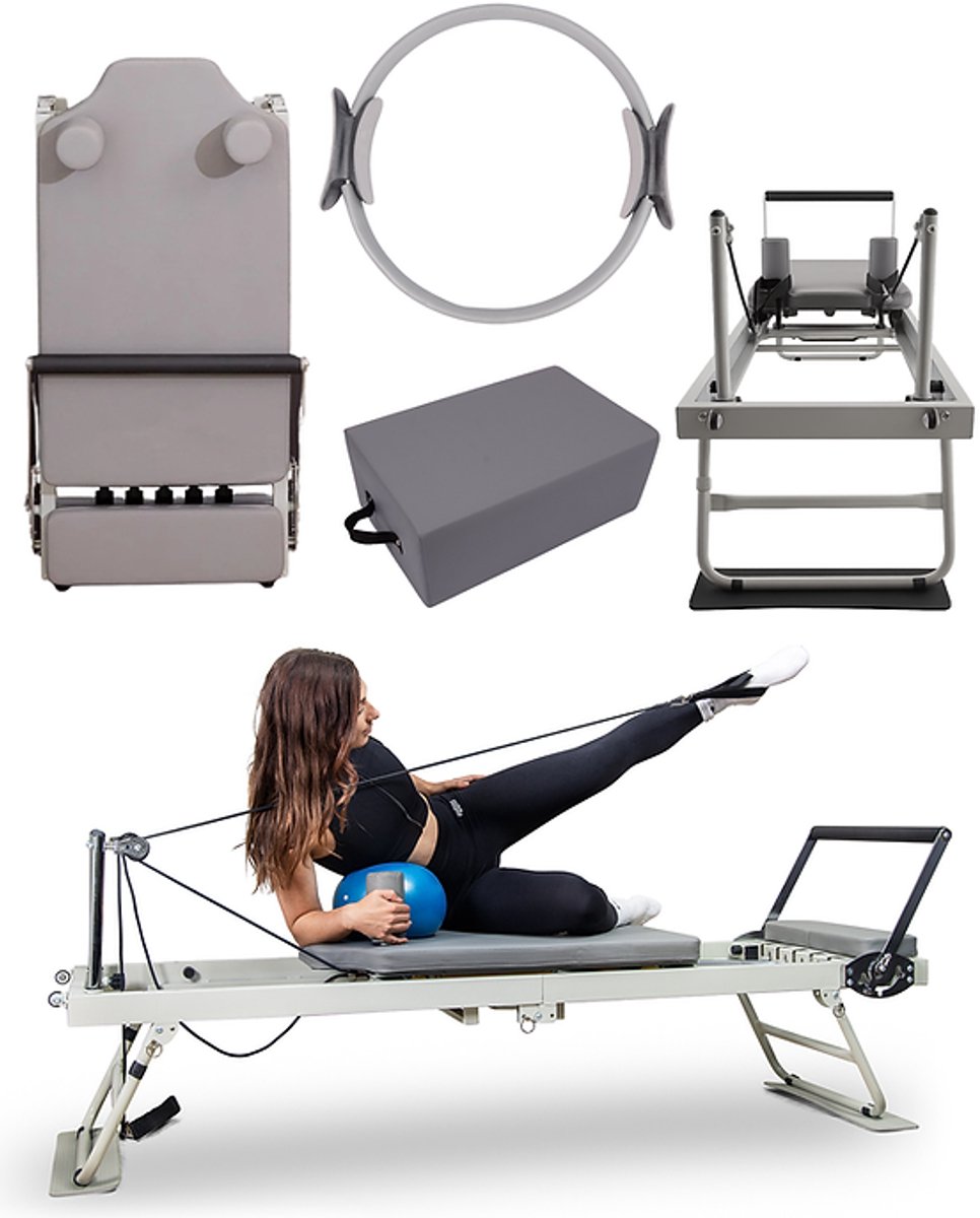 SET: Pilates Reformer Set – Reformer, Pilates Box & Pilates Ring – Inklapbaar & Verstelbaar – Grijs – Voor Thuis & Studio