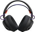 Zwarte gaming headset met verstelbare hoofdband, paarse koorddetails en oranje accenten.