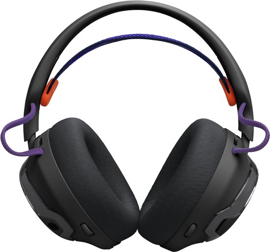 Zwarte gaming headset met verstelbare hoofdband, paarse koorddetails en oranje accenten.