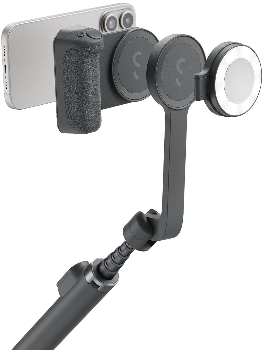 Shiftcam SnapTravel Kit Essential – Ergonomische magnetische cameragrip met Bluetooth sluiterknop – Uitschuifbare Selfiestick tot 75cm – Compacte SnapPocket Light met 4 helderheidsniveaus - Zwart