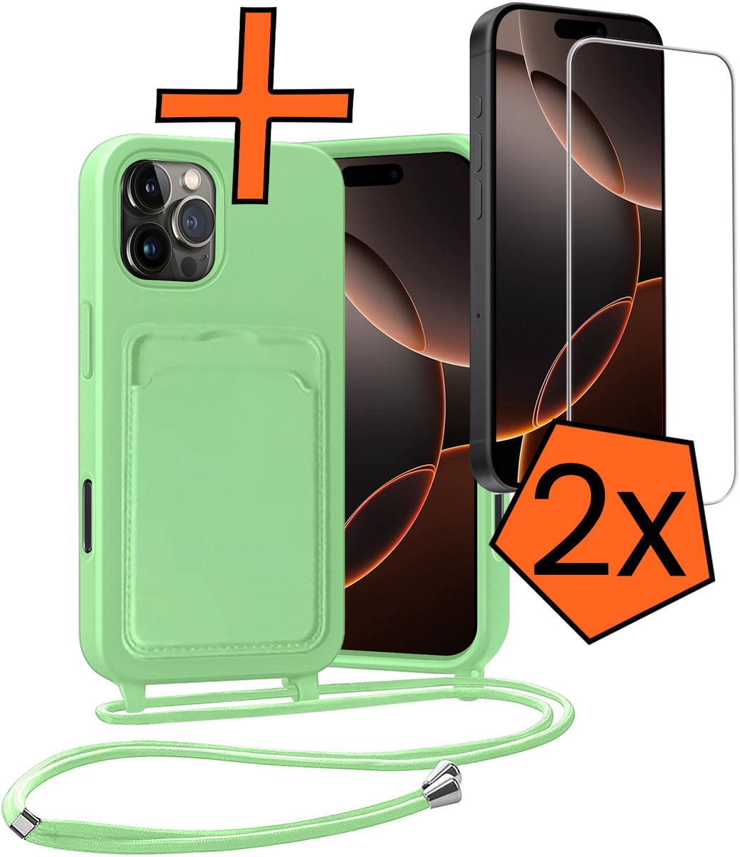 Hoesje Geschikt voor iPhone 16 Pro Max Hoesje Met Telefoonketting Pasjeshouder Case Met 2x Screenprotector Koord - Hoesje Geschikt voor iPhone 16 Pro Max Hoes Met Kaarthouder - Groen