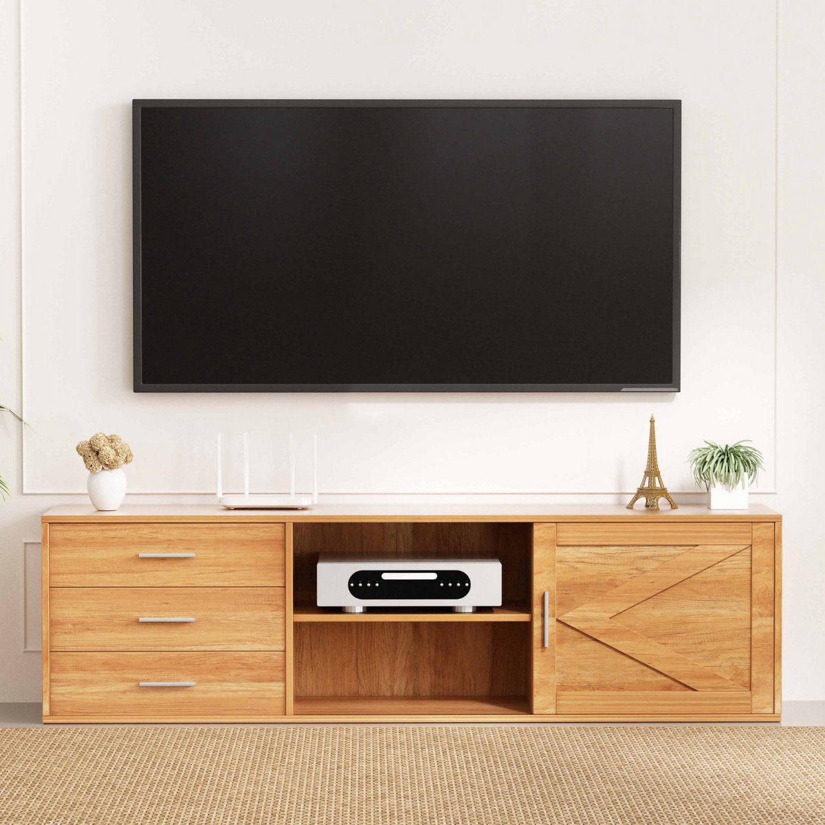 HOMAVO TV-meubel TVG1-S – 160 cm – Modern Laag TV Meubel met Laden & Schuifdeur – Zwart / Wit / Houtlook