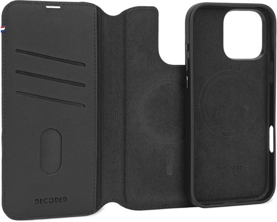 DECODED Étui portefeuille amovible en cuir pour iPhone 16 Pro Max – Étui magnétique amovible 2 en 1 avec porte-cartes – Cuir ECCO de Premium – Compatible avec MagSafe – Zwart