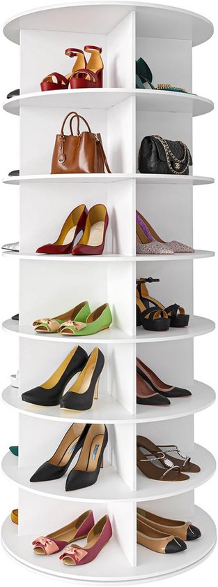 Étagère à chaussures rotative blanche à 7 niveaux, remplie de diverses chaussures et de sacs à main.