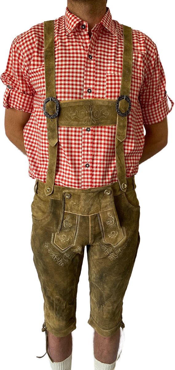 Trachten-Shop Lederhose Sand Heren – Oktoberfest Korte Lederbroek – Lichtgroen – Maat L – 100% Echt Leder