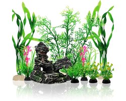 Aquarium accessoires pakket - decoratie en kunstplanten - set van 9 - kunststof