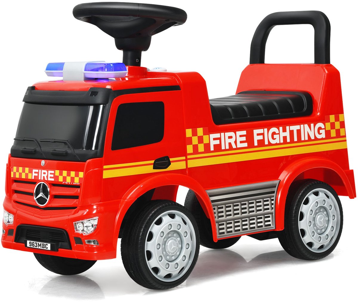 COSTWAY 2-in-1 Mercedes Benz glijauto en schuifauto met opbergruimte, brandweerauto voor kinderen met claxon, sirene, fluitje, waarschuwingslamp, speelgoedauto voor kinderen van 12-36 maanden
