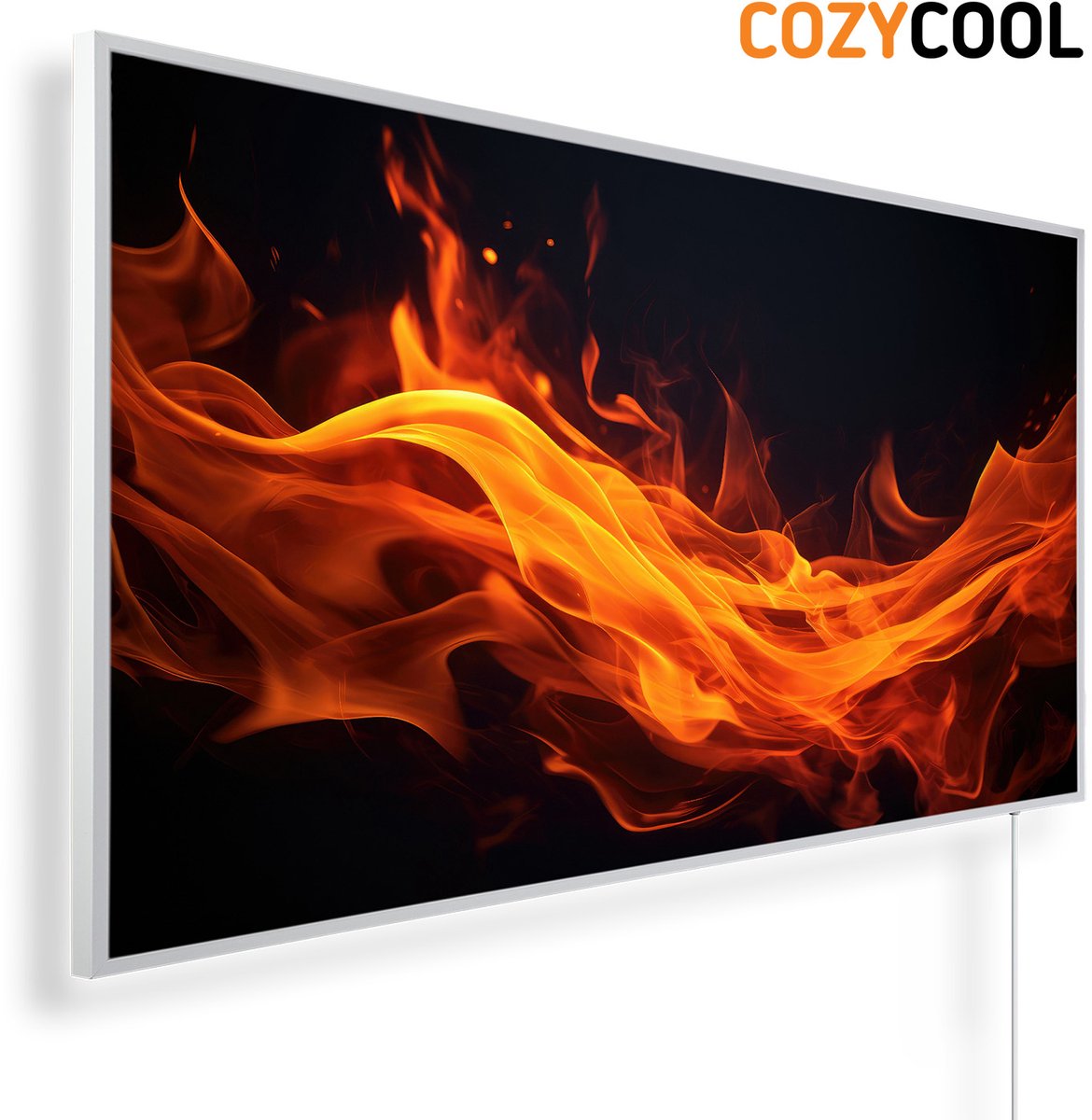 Infraroodpaneel met afbeelding | Vurige vlammen op zwarte achtergrond | 1200 Watt | Witte lijst | Infrarood verwarmingspaneel | Infrarood paneel | Infrarood verwarming