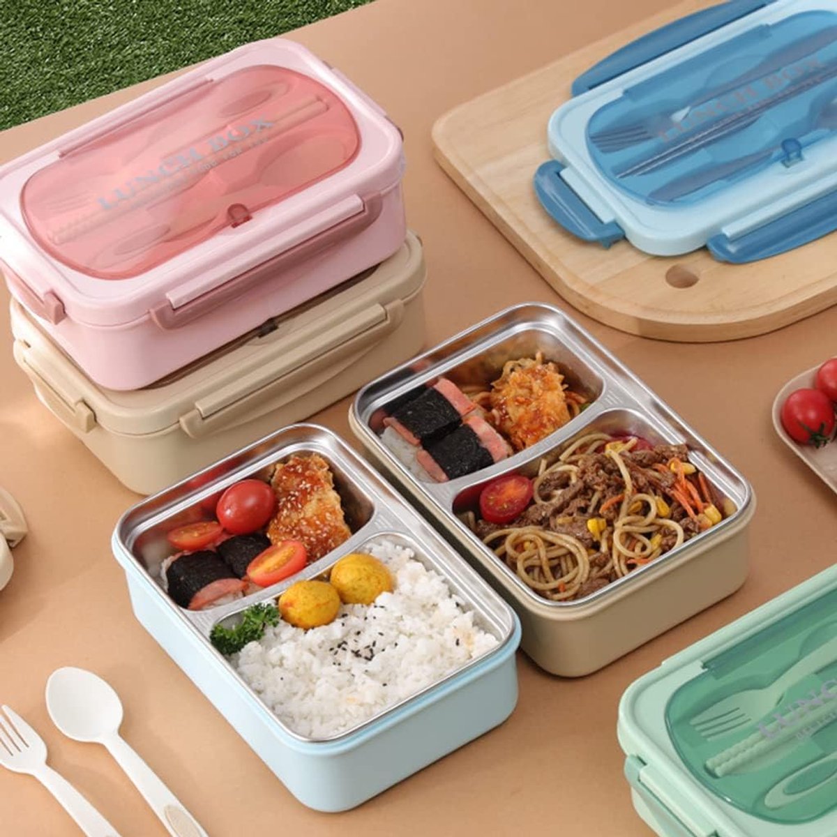 Lekvrije lunchbox - Lunchbox met 2 compartimenten - Inclusief bestek - Geïsoleerde lunchbox met verdeling - Roestvrij staal - Geschikt voor volwassenen kinderen - Vaatwasserbestendig - Kan warm eten bevatten - Bentobox - 21,3 x 14,5 x 7,5 cm - Khaki — cadeau in Koken & Dineren - foto 2